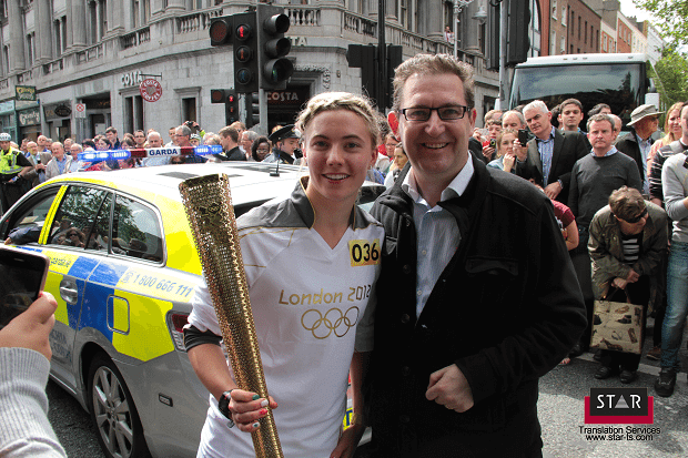 Olympic flame in Dublin with Natalya Coyle and Damian Scattergood