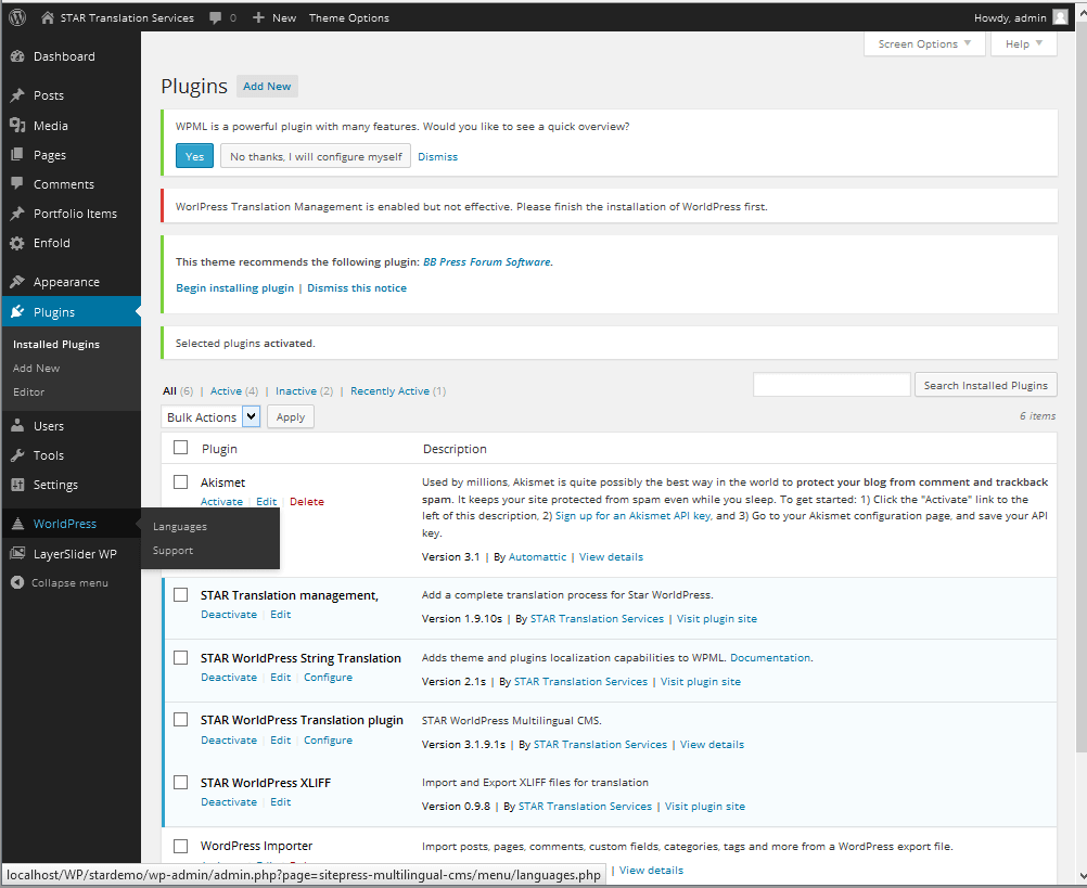 WPML Initial Set-up of WordPress plug-in for translation, languages