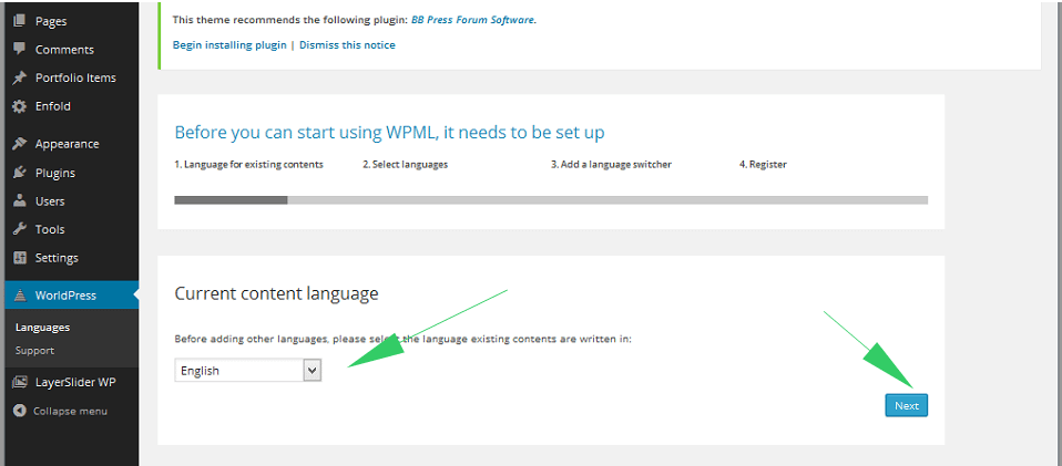 WPML Initial Set-up of WordPress plug-in for translation, selecting initial language