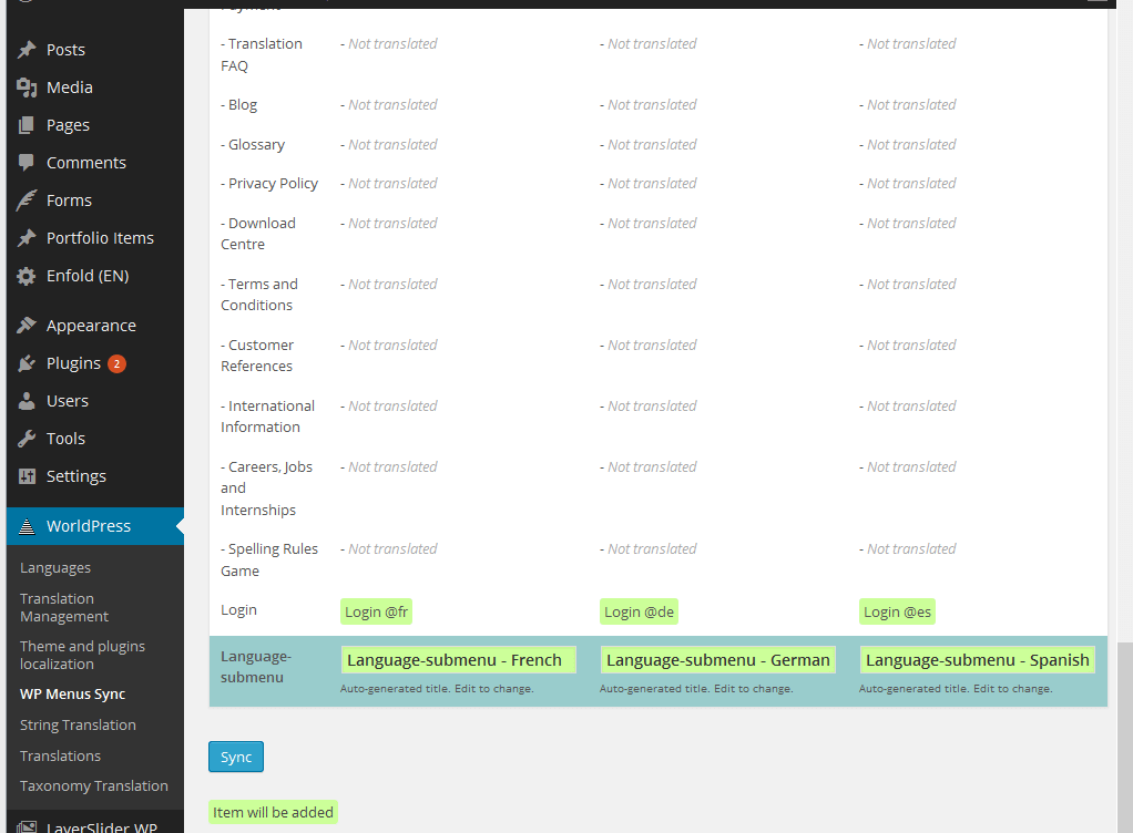 WordPress for translation Menus Sync