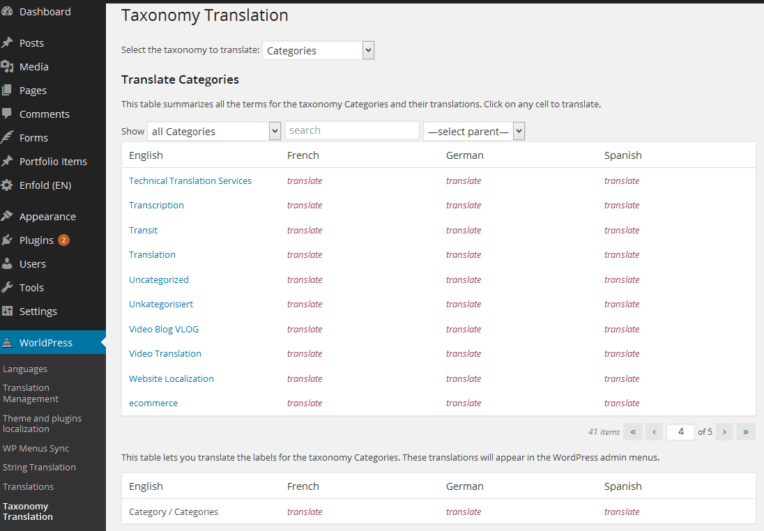 WPML Taxonomy Translation tab