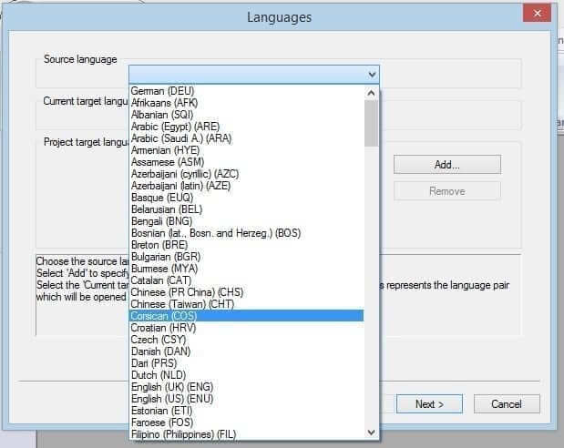 Language selection drop-down menu in Transit NXT